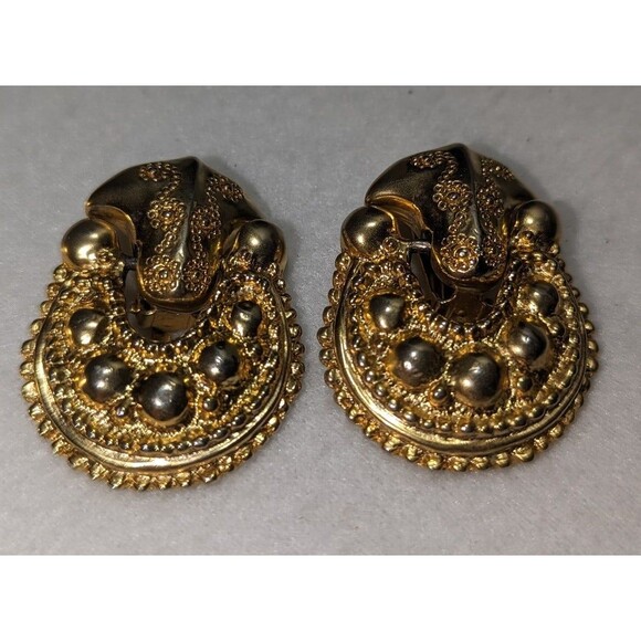 Door Knocker Earrings Bold Gold Tone Vintage - Picture 6 of 8